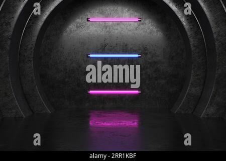 Abstrakter Hintergrund leuchtende Linien Tunnel Virtual Reality Arch Laser zeigen Neonlichter. 3D-Rendering. Stockfoto