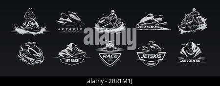 Jetski-Symbole festgelegt. Energiegeladene Retro-Silhouetten in Schwarz und weiß für ein modernes, sportliches Label. Transport, Geschwindigkeit und Adrenalin in jedem Vektoremblem Stock Vektor