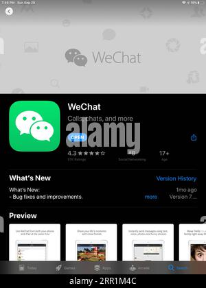 200921 -- SAN FRANCISCO, 21. September 2020 -- Ein Tablet-Screenshot vom 20. September 2020 zeigt die Download-Seite von WeChat, einer chinesischen Messaging-, Social-Media- und Mobile-Payment-App, in einem App Store in den USA. Xinhua-Schlagzeilen: US-Richter blockiert Trumps Befehl über WeChat-Ban WuxXiaoling PUBLICATIONxNOTxINxCHN vorübergehend Stockfoto