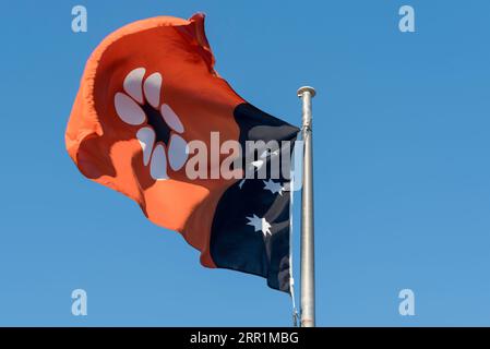 Die Staatsflagge des Northern Territory, 3 offizielle Farben, Schwarz, Weiß und Rot, Ocker und eine Version des Blumenemblems des Territory, Sturt's Desert Rose Stockfoto