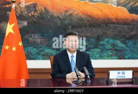 News Bilder des Tages 200922 -- PEKING, 22. September 2020 -- der chinesische Präsident Xi Jinping spricht am 22. September 2020 per Video über die allgemeine Debatte der 75. Tagung der Generalversammlung der Vereinten Nationen. CHINA-XI JINPING-UN-GENERALVERSAMMLUNG-ALLGEMEINE AUSSPRACHE CN JUXPENG PUBLICATIONXNOTXINXCHN Stockfoto