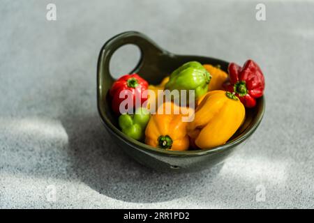 Draufsicht auf verschiedenfarbige Paprika, die in einer runden schwarzen Keramikschale auf einem Betonhintergrund platziert sind Stockfoto