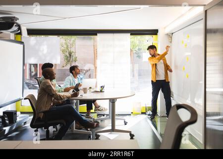 Seitenansicht von multiethnischen Kollegen, die sich in modernen Büros treffen und Projektdetails mithilfe eines Whiteboards diskutieren Stockfoto