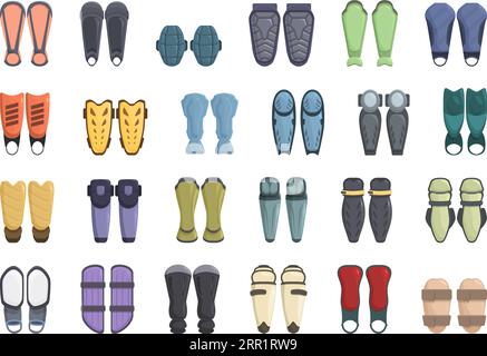 Schienbeinschoner-Symbole stellen den Zeichentrickvektor ein. Sportteam. Fußballtraining Stock Vektor