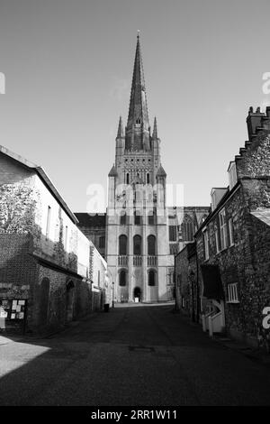 Eine vertikale der Norwich City Cathedral in Großbritannien in Graustufen Stockfoto