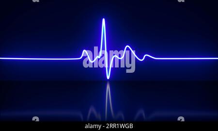 Abstrakter Hintergrund mit leuchtenden Neonlichtern in weißen rosa Farben pulsförmige Linien auf glänzenden reflektierenden Bühnen Stockfoto