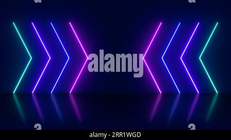 Abstrakter Hintergrund mit Neonlichtern in grün-blau-rosa-violetten Farben, die in Pfeilspitzen-Linien auf glänzenden reflektierenden Bühnen leuchten Stockfoto