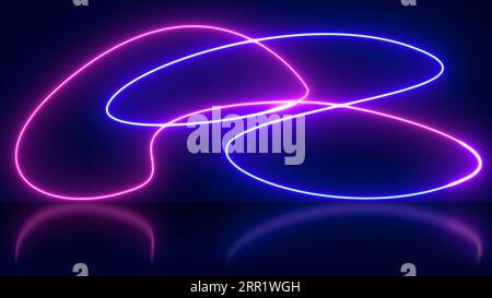 Abstrakter Hintergrund von leuchtenden Neonlichtern in weißen rosa Farben auf alpha-förmigen Linien auf glänzender reflektierender Bühne Stockfoto