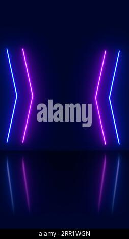Abstrakter Hintergrund mit blinkenden Neonlichtern in grün-blau-rosa-violetten Farben, die in Pfeilspitzen-Linien-Mustern auf glänzenden reflektierenden Bühnen leuchten Stockfoto
