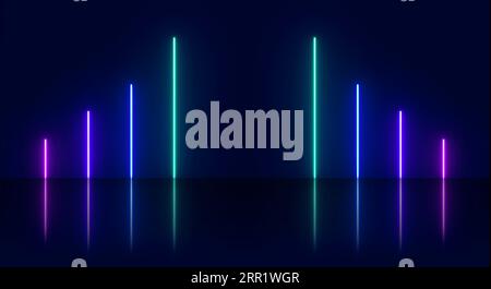 Abstrakter Hintergrund mit Neonlichtern in grün-blau-weiß-rosa-violetten Farben, die senkrechte Linien auf glänzenden reflektierenden Bühnen leuchten Stockfoto