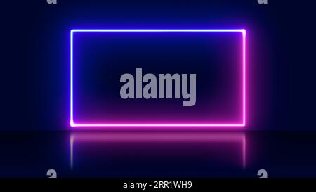 Abstrakter Hintergrund mit blinkenden Neonlichtern in grün-blau-weiß-rosa-violetten Farben, die auf rechteckigen Linien auf glänzenden reflektierenden Bühnen leuchten Stockfoto