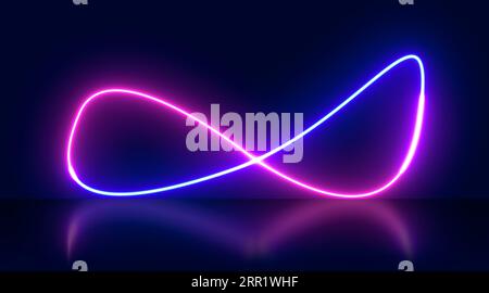 Abstrakter Hintergrund von leuchtenden Neonlichtern in weißen rosa Farben auf alpha-förmigen Linien auf glänzender reflektierender Bühne Stockfoto