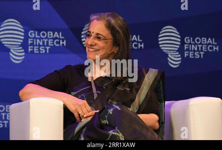 Mumbai, Indien. September 2023. Madhabi Puri Buch, Vorsitzende des Indischen Sicherheits- und Börsenrats (SEBI), wird während des Global Fintech fest (GFF) in Mumbai gesehen. Das Global Fintech fest (GFF) findet vom 5. Bis 7. September 2023 in Mumbai statt. Quelle: SOPA Images Limited/Alamy Live News Stockfoto