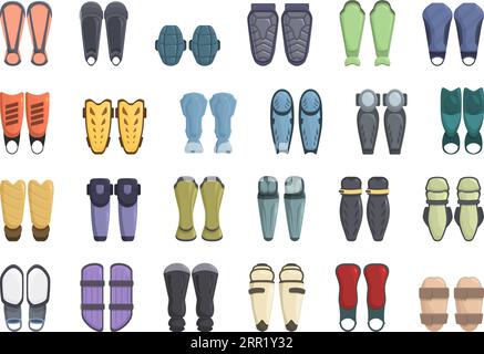 Schienbeinschoner-Symbole stellen den Zeichentrickvektor ein. Sportteam. Fußballtraining Stock Vektor