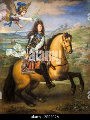 Ludwig XIV. Von Frankreich (1638-1715), zu Pferd gekrönt von Victory vor der Belagerung von Namur (1692), Reitsportporträt in Öl auf Leinwand von Pierre Mignard, um 1694 Stockfoto