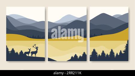 Ästhetische minimalistische Poster-Set-Illustration. Hirsche im Wald Stock Vektor
