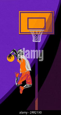 Dynamisches Bild des afrikanischen Mannes, Basketballspieler im Sprung, der den Ball in den Korb wirft. Collage zeitgenössischer Kunst. Stockfoto