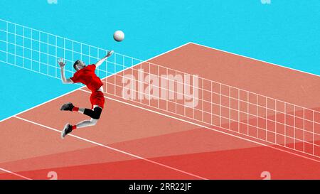 Dynamisches Bild eines Mannes, Volleyballspielers in Bewegung, der in einem Sprung Ball schlägt. Collage zeitgenössischer Kunst. Stockfoto
