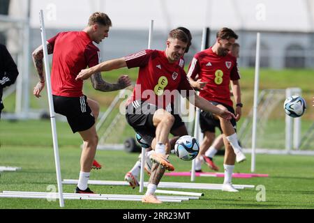 Cardiff, Großbritannien. September 2023. Aaron Ramsey aus Wales während des Fußballtrainings in Hensol, Vale of Glamorgan in South Wales am Mittwoch, den 6. September 2023. pic by Andrew Orchard/Andrew Orchard Sports Photography/Alamy Live News Credit: Andrew Orchard Sports Photography/Alamy Live News Stockfoto