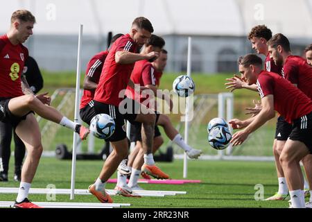 Cardiff, Großbritannien. September 2023. Aaron Ramsey aus Wales während des Fußballtrainings in Hensol, Vale of Glamorgan in South Wales am Mittwoch, den 6. September 2023. pic by Andrew Orchard/Andrew Orchard Sports Photography/Alamy Live News Credit: Andrew Orchard Sports Photography/Alamy Live News Stockfoto