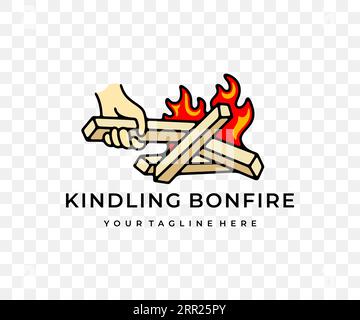 Der Mann entzündet ein Lagerfeuer, ein Ballenfeuer, Feuer und Flammen, ein farbiges Grafikdesign. Überleben, Lagerfeuer, brennen, brennend, feurig, Camp und Campingplatz, Vektordesign Stock Vektor