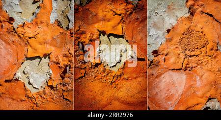 Sammlung von Bildern mit orangenem Putz, der von einer alten Wand abblättert. Alte, schmutzige, geschälte Putzwand mit herunterfallenden Farbflecken. Stockfoto