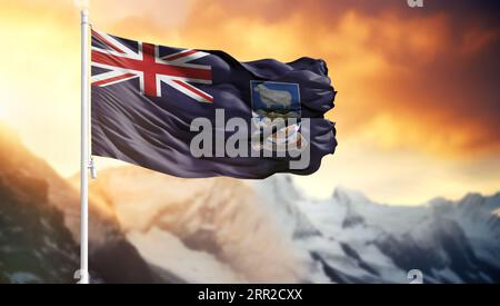 Flagge der Falklandinseln auf einem Fahnenmast vor einem bunten Himmel Stockfoto