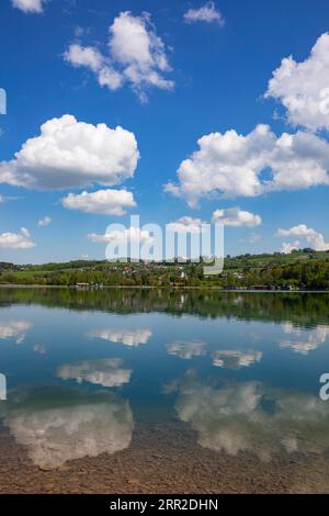 (Cumulus) Wolken spiegeln sich im Irrsee, Zell am Moos, Salzkammergut, Oberösterreich, Österreich Stockfoto