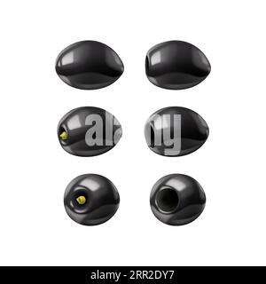 Realistische schwarze Oliven, isolierte rohe Oliven 3D-Vektorset. Kleine, ovale Früchte mit glatter, dunkler Haut, reichhaltigem, leicht bitterem Geschmack, verwendet in Salaten, Nudelgerichte und mediterrane Küche Stock Vektor