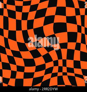 Psychedelische Halloween nahtlose Muster, optisch gewellter Hippie-Hintergrund, optisch gewölbter Hintergrund. Vektorverzerrtes Schachbrett, kurvenförmiges Retro-Raster im Y2K-Stil, Druck in Orange und Schwarz Stock Vektor