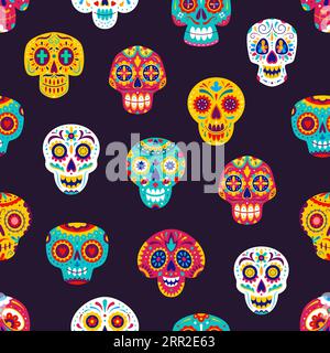 Mexikanisches Calavera-Zucker-Skulls-nahtloses Muster. Toter Tag Fliese Hintergrund, Dia de los muertos Craniums mit Blumen und Blumenschmuck. Traditionelles mexikanisches Festival symbolisch, Feiertag des Todes Stock Vektor