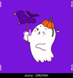Cartoon Halloween Kawaii niedliche Geisterfigur mit Bannern und Kürbiskopfbedeckung. Isolierter Vektor entzückender Babyspuk mit rosigen Wangen und einem verspielten Ausdruck, der eine charmante und freundliche Aura ausstrahlt Stock Vektor