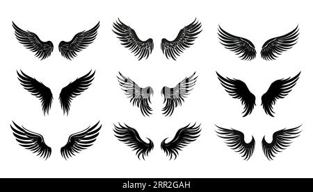 Set aus schwarzen Flügeln. Abzeichen mit Flügeln. Kollektion mit Badges mit Flügeln in flachem Stil. Vektorillustration Stock Vektor
