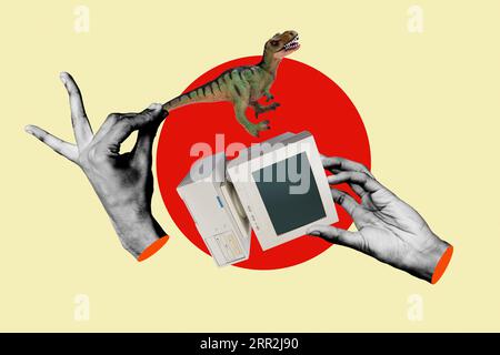 Foto kreative Komposition Collage des alten langsamen Monster Dinosaurier tyrannosaurus rex langsam Arbeit Computer isoliert auf beigem Hintergrund Stockfoto