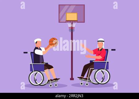 Flaches Grafikdesign mit fröhlicher behinderter arabischer Mann im Rollstuhl, der Basketball auf dem Basketballfeld spielt. Verantwortung und adaptiver Sport für d Stockfoto