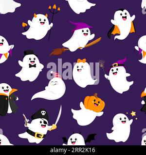 Nahtloses Muster für Halloween-Kawaii-Geister. Vektor fröhliche Geister und niedliche Phantome Cartoonfiguren in Halloween Trick or Treat Kostümen. Kürbis, Hexe, Vampir, Pirate, dracula und Teufelsgeister Stock Vektor