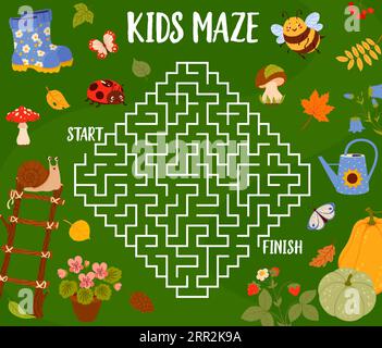 Labyrinthlabyrinth mit Herbstblättern, Tieren, Pflanzen und Gartengeräten. Kindervektorbrett-Spiel-Arbeitsblatt mit Pilzen, Schnecken, Marienkäfer und Schmetterling. Topfblumen-, Leiter-, Erdbeer- und Gummistiefel Stock Vektor