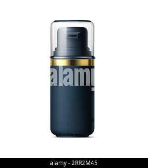 Realistische schwarze Kosmetikflasche, -Tube und Plastikbehälter. Isolierte 3D-Vektor-Kunststoffpumpenflasche mit transparentem Deckel zur Präsentation von Markenproduktionen, Marketingpräsentationen und Displays Stock Vektor