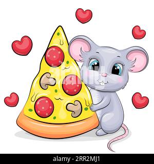 Süße graue Maus mit einem großen Stück Pizza. Vektorillustration eines Tieres auf weißem Hintergrund mit roten Herzen. Stock Vektor