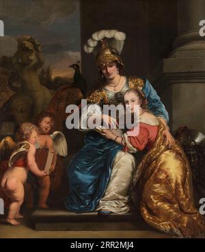 Ferdinand Bol (1616–1680) Allegory on Education. Margarita Trip als Minerva, die ihre Schwester Anna Maria Trip anweist. Links tragen zwei Putten ein großes Buch. Rechts der Schild von Minerva. Stockfoto