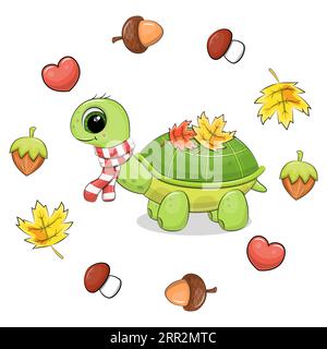 Niedliche grüne Cartoon-Schildkröte mit gefallenen Blättern im Herbstrahmen. Vektorillustration eines Tieres mit Nüssen, Eicheln, Pilzen, Blättern und Herzen. Stock Vektor