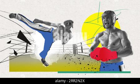 Kräftiges und muskulöses männliches Kickboxer-Training, Kampf. Kampfsport, Martial ats. Collage zeitgenössischer Kunst Stockfoto