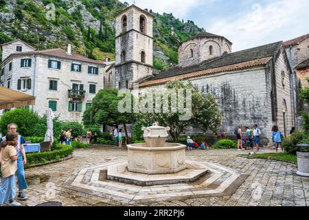 Trinkwasserbrunnen mit der Kirche St. Mary Collegiate im Hintergrund in der Altstadt von Kotor in Montenegro Stockfoto