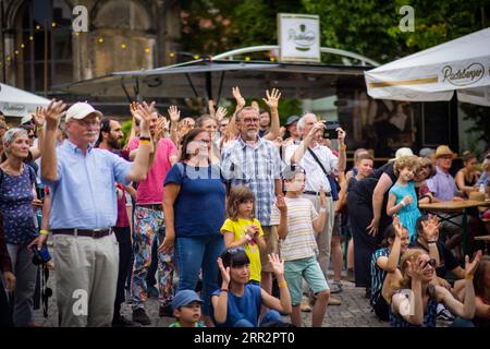 DEU Sachsen Dresden (C Sylvio Dittrich +49 1772156417) Elbhangfest 2022, Applaus in Gebärdensprache für den Gebärdenliederchor auf der Bühne Loschwitz. Stockfoto