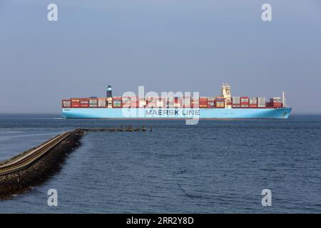 Containerschiff auf der Weserbahn vor Minsener Oog, Nationalpark Niedersächsisches Wattenmeer, Niedersachsen, Deutschland Stockfoto