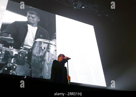 5. September 2023, Madrid, Madrid, Spanien: Die legendäre argentinische Band Los Fabulosos Cadillacs wird auf der Bühne bei einem Konzert ihrer neuesten Tour „El LeÃ³n del ritmo“ im Wizink Center in Madrid (Spanien) gesehen. Die Gruppe kehrt 2023 nach Spanien zurück, um drei Shows in den Städten Barcelona, Madrid und Zaragoza anzubieten, um ihre größten Erfolge zu erholen und die Gelegenheit zu nutzen, die dreißigjährige Veröffentlichung ihres größten Hits, „Matador“, zu feiern. was sie zu einer der meistverkauften und beliebtesten Gruppen ihrer Zeit machte. Los Fabulosos Cadillacs ist eine argentinische Ska-Band aus Buenos Aires an Stockfoto