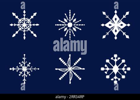 Weiße Kreide gezeichnet Schneeflocke Set auf blauem Hintergrund, isolierte Winter-Symbol-Set Stock Vektor