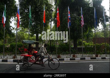 New Delhi, Delhi, Indien. September 2023. Ein Mann auf seiner Fahrradrikscha bewegt sich vor dem G20-Gipfel am 6. September 2023 in Neu-Delhi, Indien, an Flaggen verschiedener Länder vorbei, die Teil des G20-Gipfels sind. Indien wird ab September 9-10 den 18. G20-Gipfel in Neu-Delhi ausrichten. (Bild: © Kabir Jhangiani/ZUMA Press Wire) NUR REDAKTIONELLE VERWENDUNG! Nicht für kommerzielle ZWECKE! Stockfoto