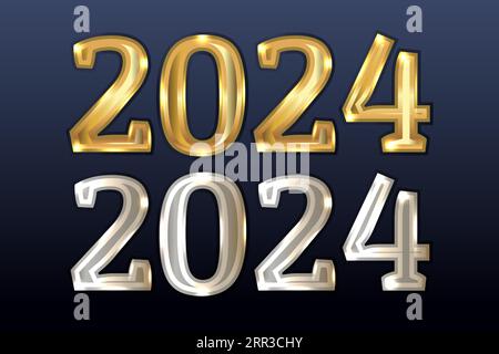 Eine Reihe von Metallnummern 2024, ein Symbol für das neue Jahr. Layouts für Weihnachtsgrüßkarten. Farben von Gold und Silber. Auf blauem Hintergrund. Realisti Stock Vektor