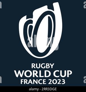 2023 Rugby World Cup Weißes Logo berühmteste Turniere, Vektor-Illustration abstraktes blaues editierbares Hintergrundbild Stock Vektor
